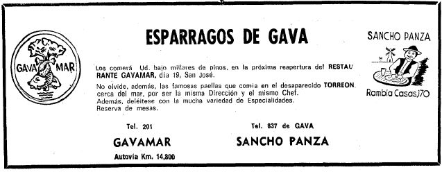 Anuncio sobre los esprragos del Restaurante Gavamar de Gav Mar publicado en el diario LA VANGUARDIA (17 de Marzo de 1970)